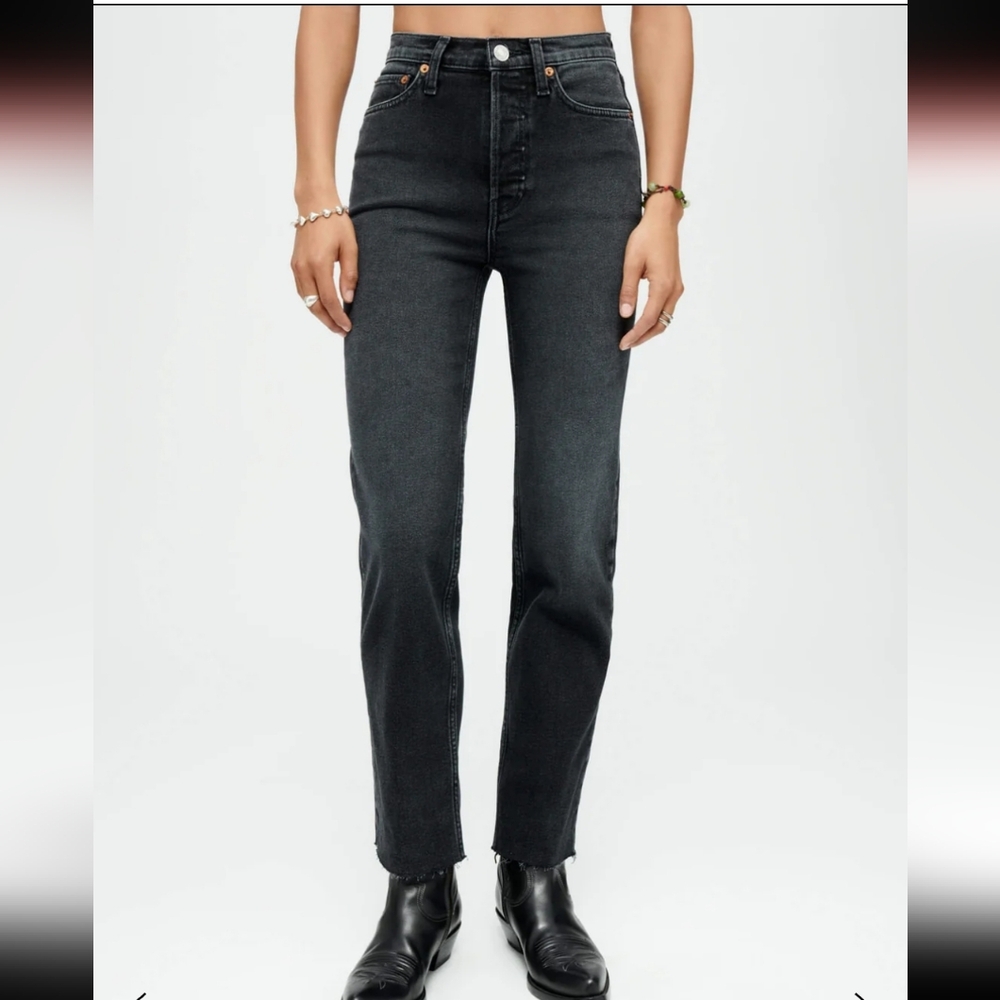 Re/Done Comfort Stretch High Rise 70s Stove Pipe Washed Noir Jeans Size 32